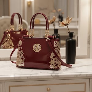 May include: A burgundy handbag with gold-colored floral embroidery on the sides and a gold emblem on the front. The bag has a top handle and a detachable shoulder strap. A second bag is reflected in the mirror.
