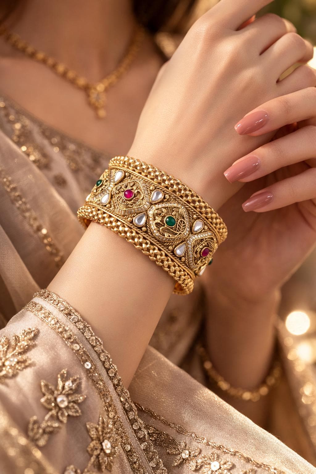 Antique Peacock Kundan Wide Openable Kada – Traditional Gold  display picture 3