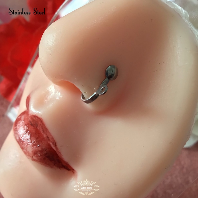May include: A stainless steel nose ring is shown on a mannequin. The nose ring is silver and has a small, circular design. The text "Stainless Steel" is visible in the upper left corner.