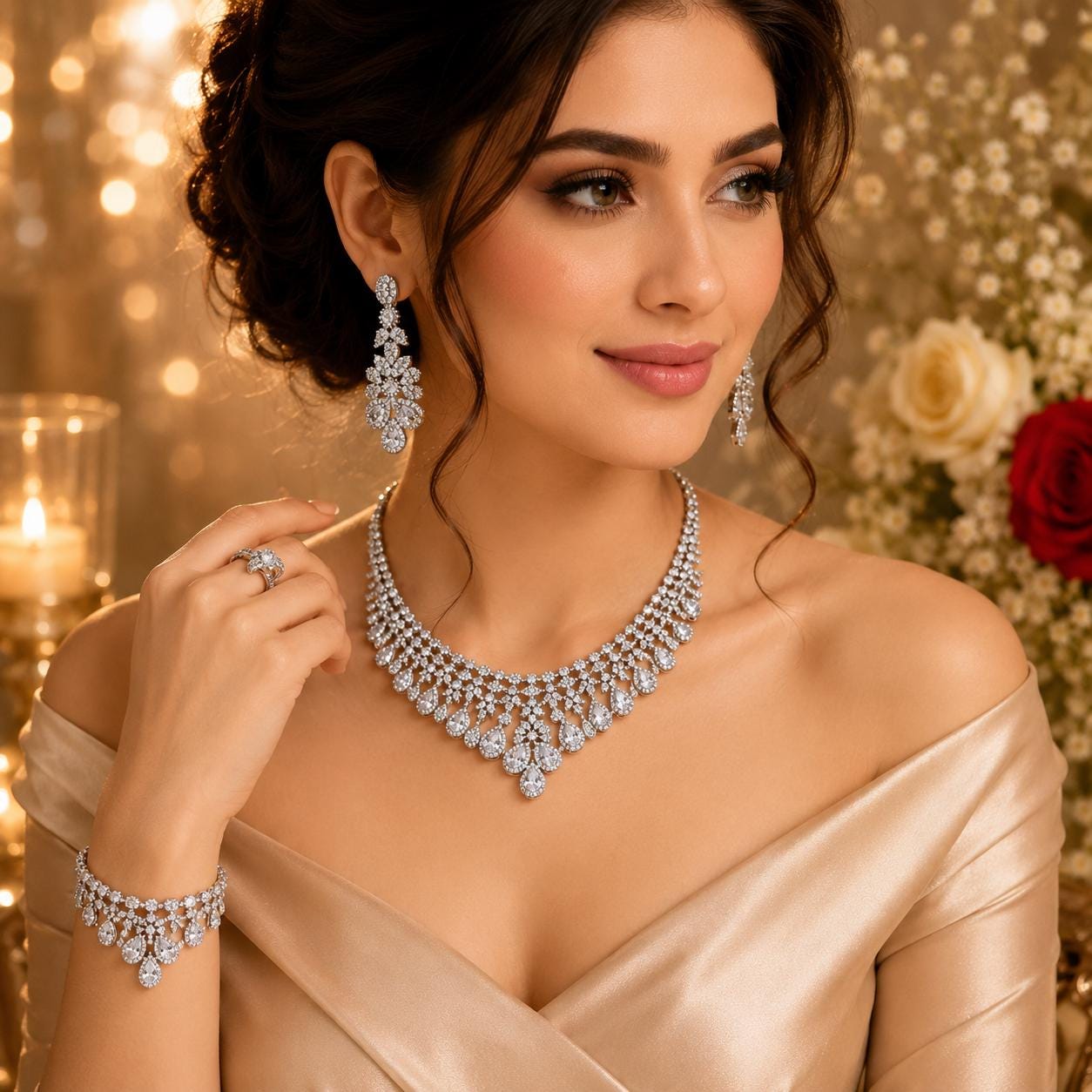 Luxury Bridal Jewelry Set, 4 Piece Wedding Necklace Earrings