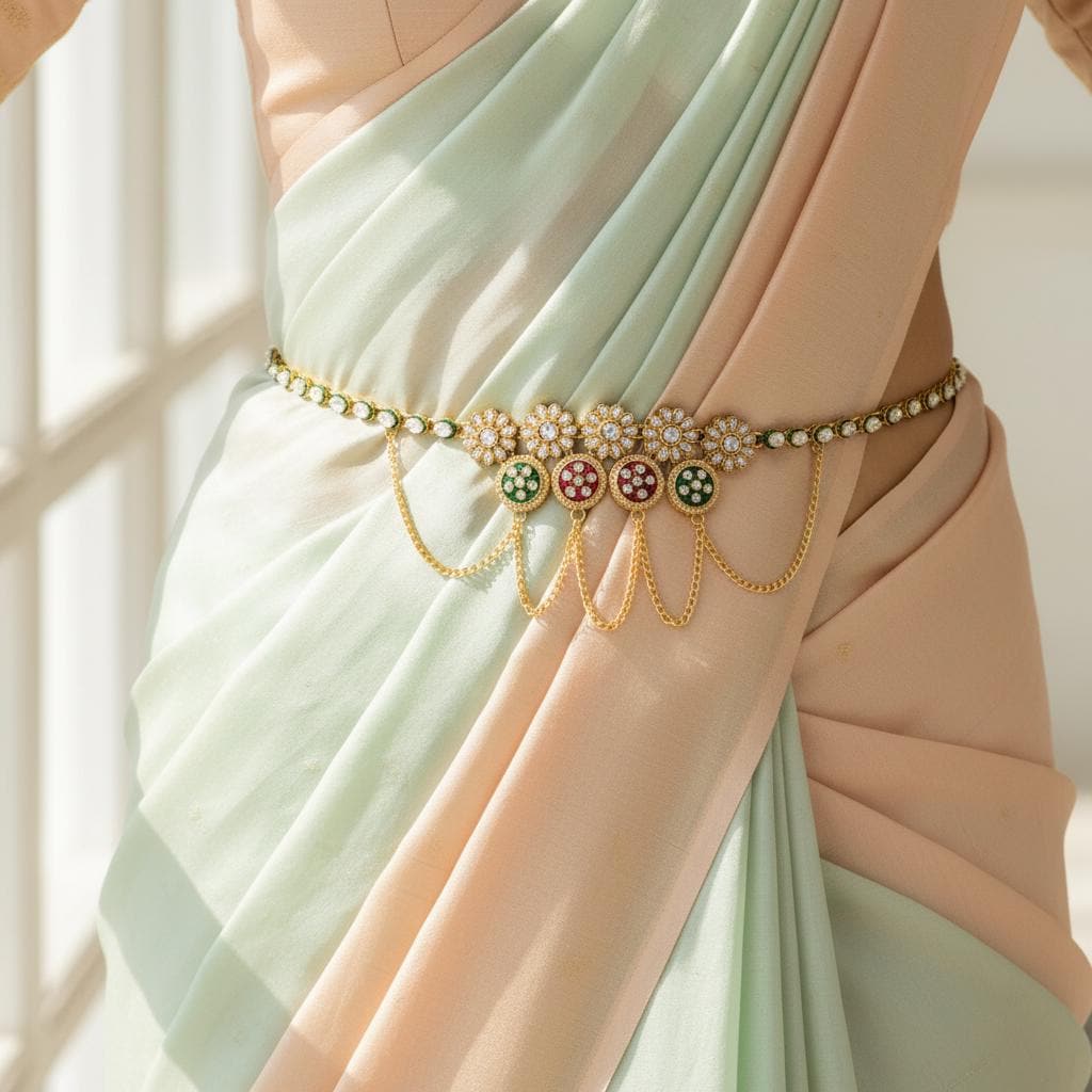 Gold Plated Kundan Waist Belt | CZ Enamel Kamarbandh Belly  display picture 3