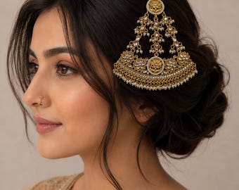Indian Bollywood Bridal Gold Plated Kundan Pearl Head Piece Jewelry, Jhoomer, Passa, Indian Jewelry, Hair Accessories, Side Tikka, Jhumar