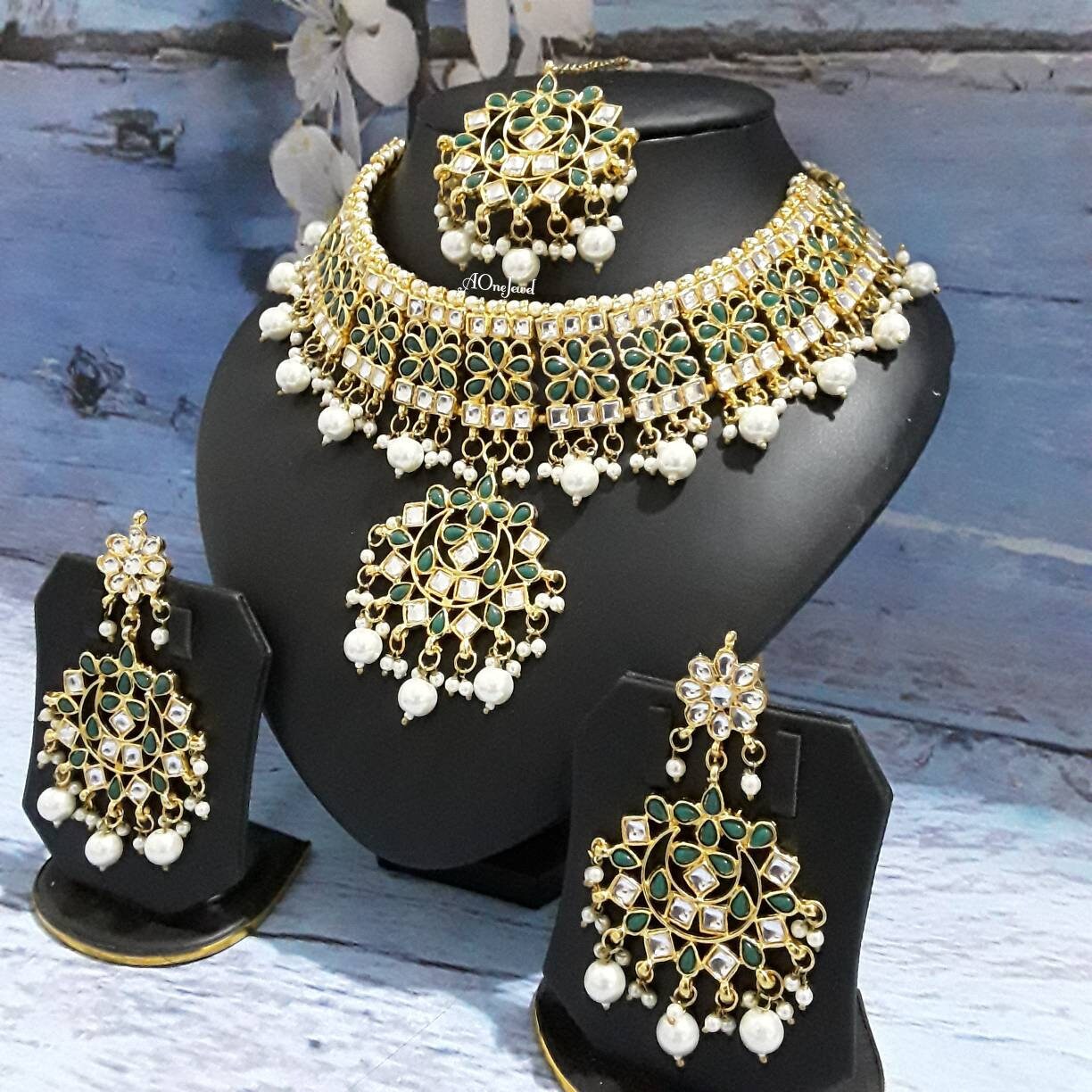 Kundan Pearl Gold Plated Indian Jewelry Set, Ethnic Wedding