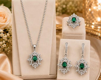 Emerald Green CZ Crystal Jewelry Set, Bridal Necklace Earrings Ring Set, Vintage Silver Wedding Jewelry, Bridesmaid Gift