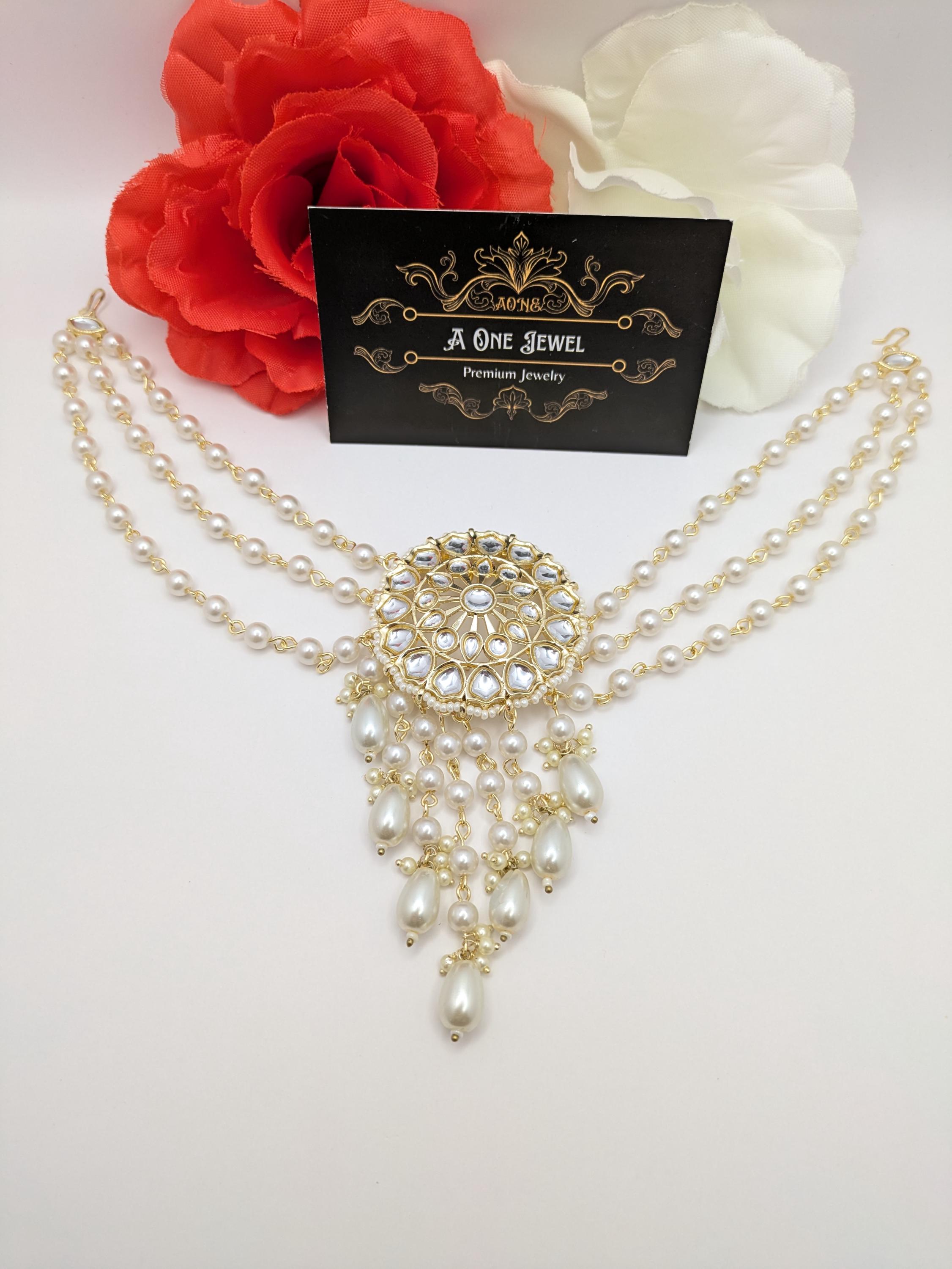 Kundan Pearl Bridal Hair Brooch, Gold-plated Indian Bun Pin  display picture 3