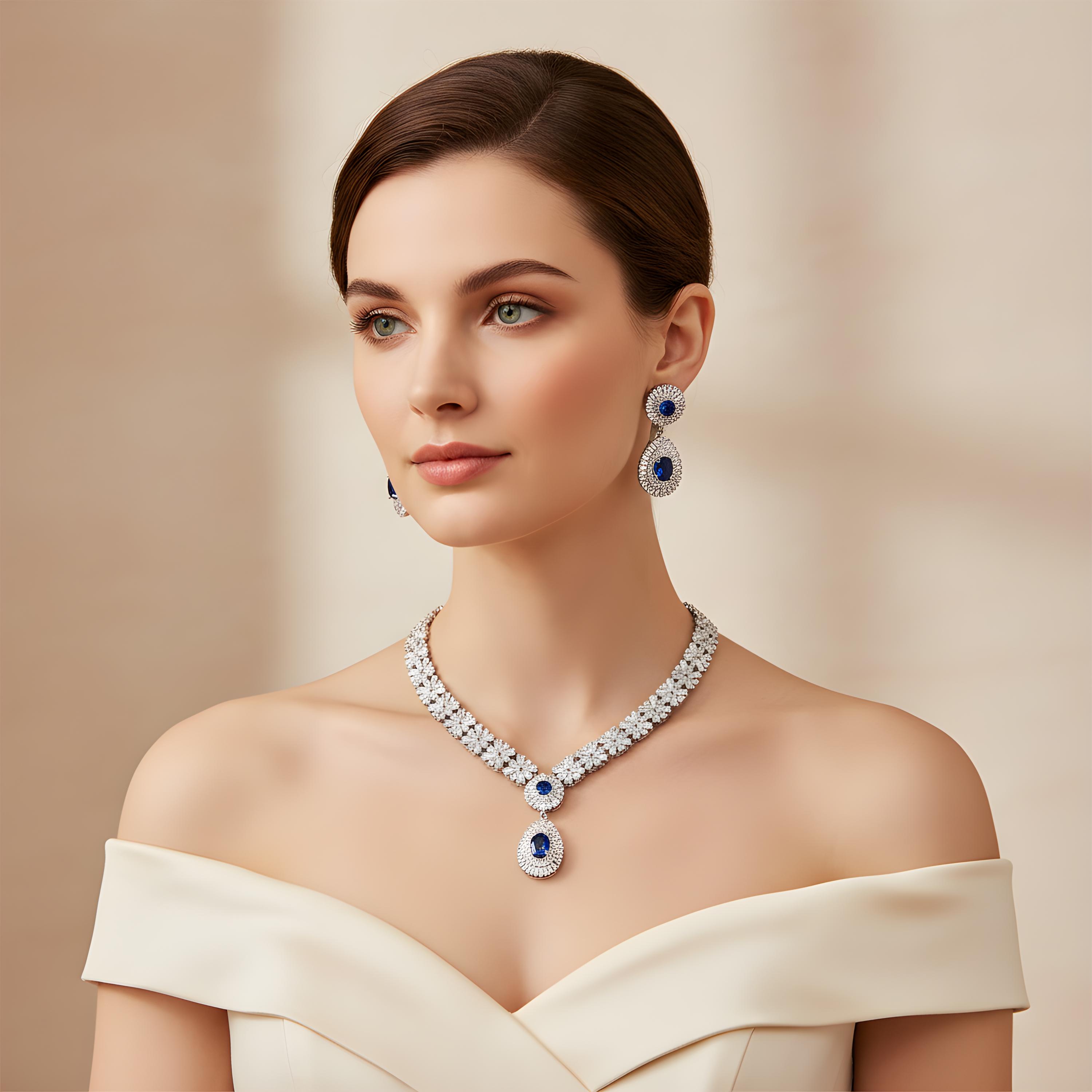 Indian Bridal CZ Diamond Silver Sapphire 2PCS Necklace Set, Necklace Earrings Jewelry Set, Gold Wedding Necklace Set, Bridal Jewelry Set