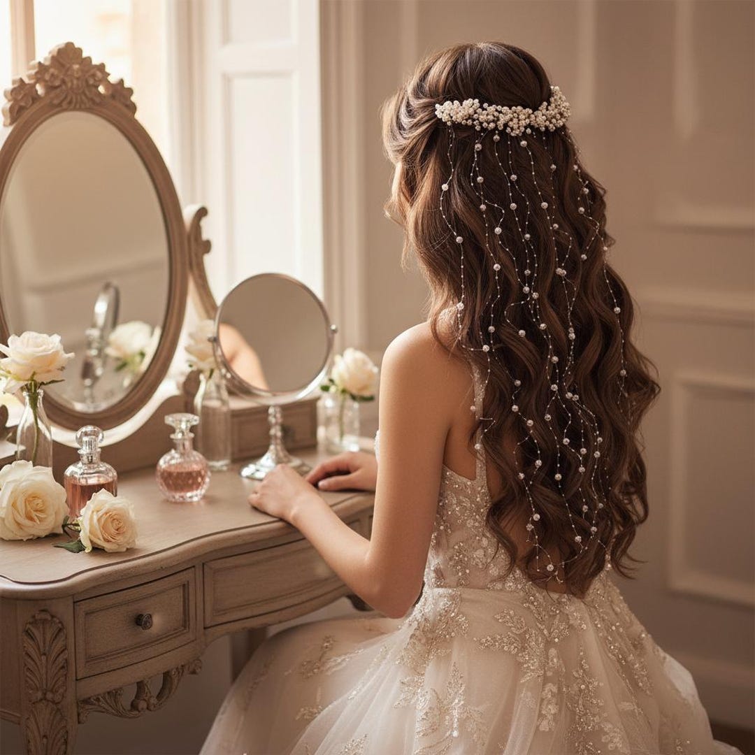 Bridal Pearl Headband, Gold Wedding Hair Tassel, Hair Comb  display picture 1