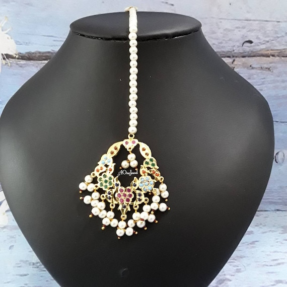 Kundan Pearl Indian Jewelry Set - Bridal Necklace Earrings Tikka