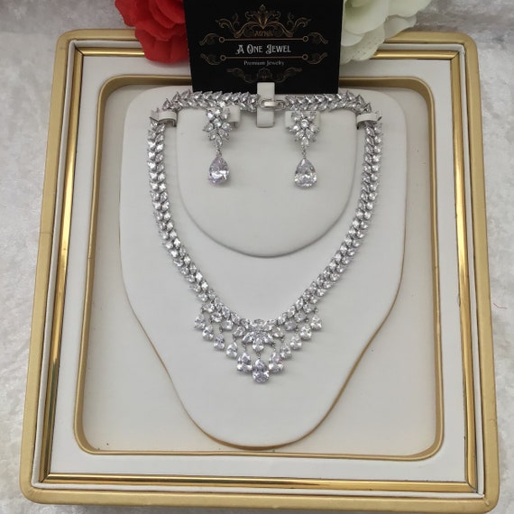 Indian Wedding Jewellery Set - Silver Plated Floral Necklace & Earrings, Bollywood Style - View #4