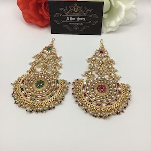 Indian Bollywood Bridal Gold Plated Kundan Pearl Head Piece Jewelry, Jhoomer, Passa, Indian Jewelry, Side Tikka,, Jhumar, Chandelier