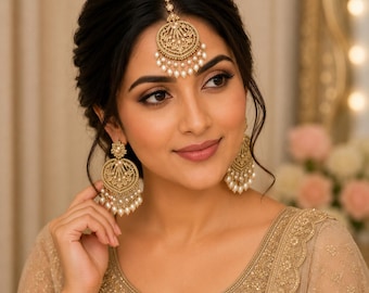 May include: A woman adorned with gold jewellery, including a headpiece and earrings. The headpiece features a circular design with detailed patterns and small pearls. The earrings are gold, with a similar design and dangling pearls. The woman is wearing a gold top.