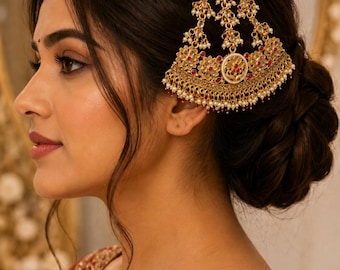 Indian Bollywood Bridal Gold Plated Kundan Pearl Head Piece Jewelry, Jhoomer, Passa, Indian Jewelry, Side Tikka, Hair Jewelry, Jhumar