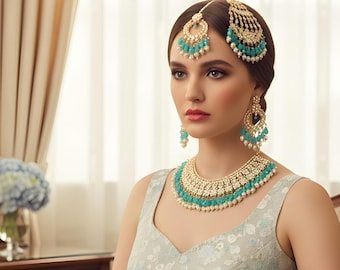 Indian Bridal Jewelry Set - Kundan Necklace Earrings Tikka - Pakistani Wedding Jewelry - Turquoise