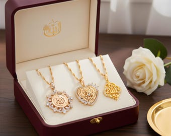 Gold Allah Necklace, Cubic Zirconia Pendant, Islamic Jewelry