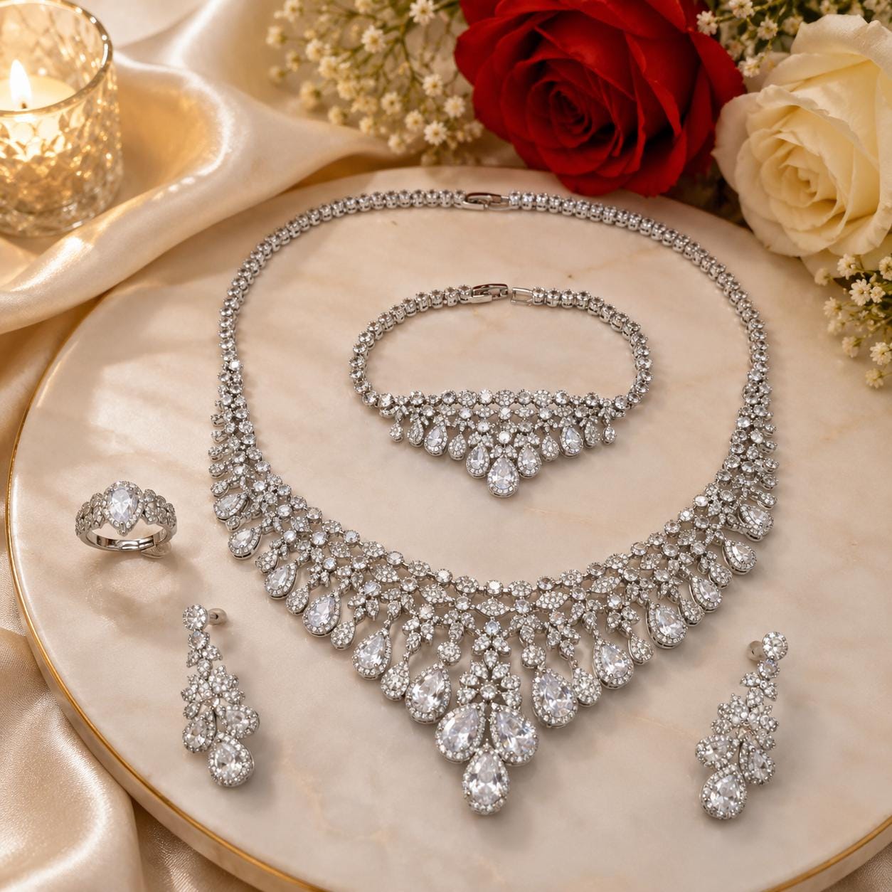 Luxury Bridal Jewelry Set, 4 Piece Wedding Necklace Earrings