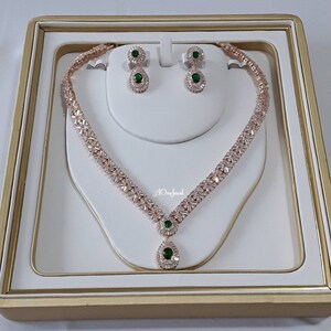 Indian Bridal CZ Diamanté Emerald 2PCS Necklace Set, Necklace Earrings Jewelry Set, Gold Wedding Necklace Set, Bridal Jewelry Set,