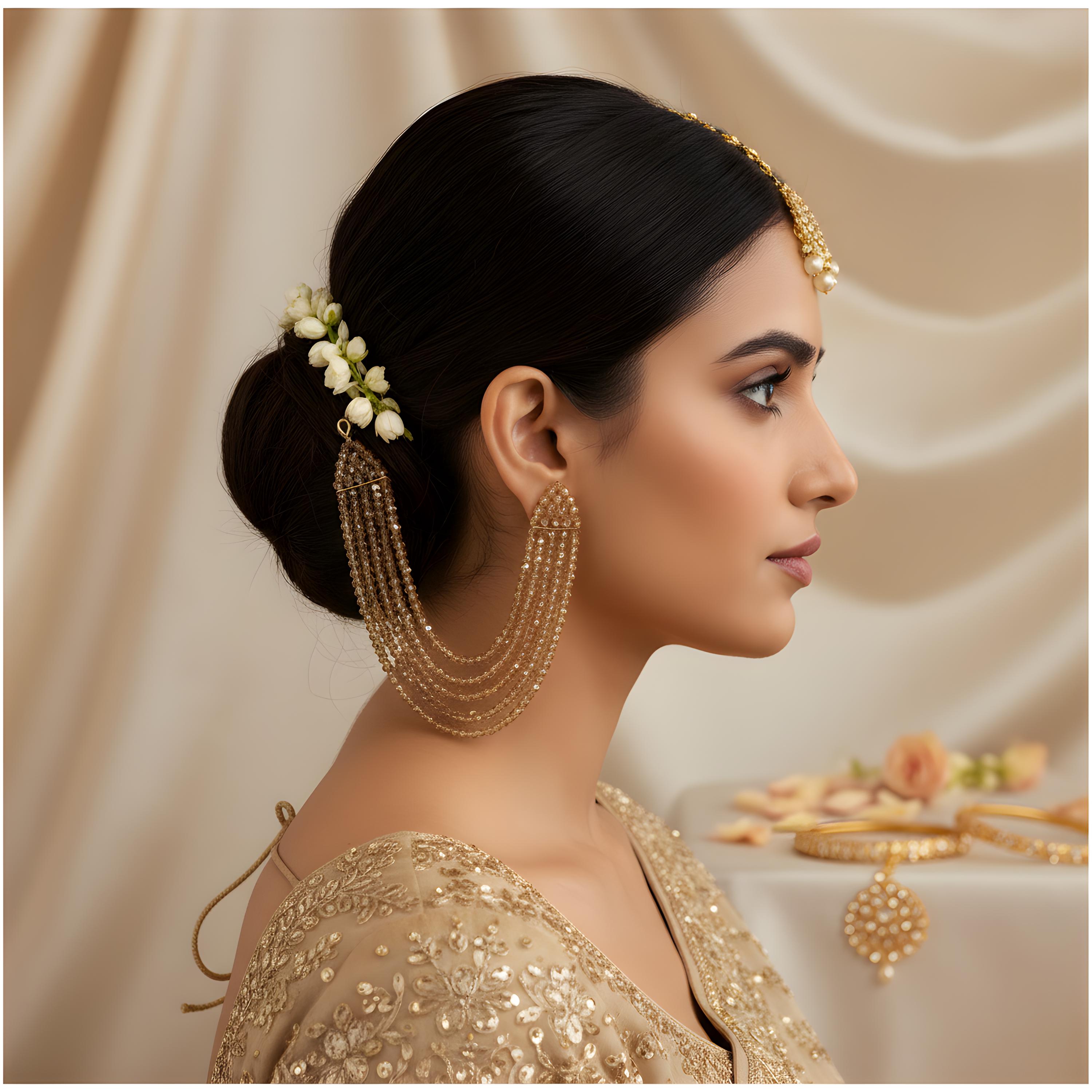 ヘアアクセサリー ei.champagne Champagne Crystal Beaded Indian Bridal Ear Chain, Gold Wedding