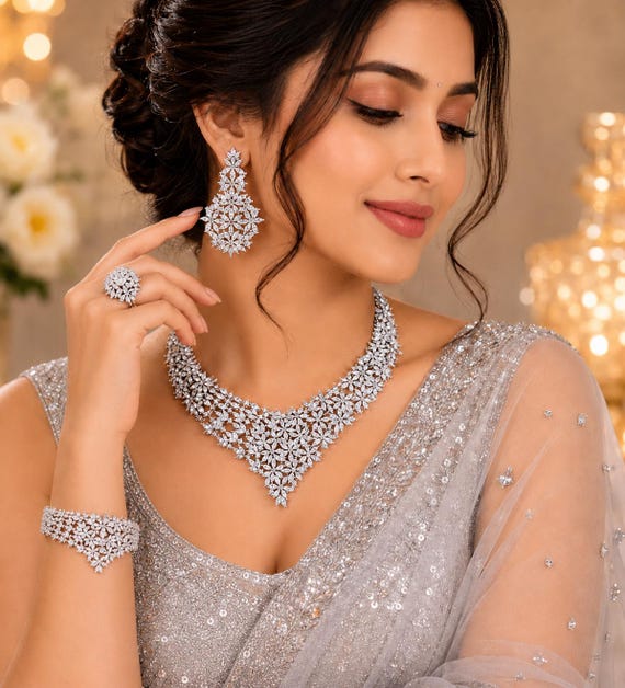 Luxury Silver Plated Bridal Jewelry Set | Sparkling CZ Necklace