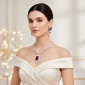 Ruby Red Statement Necklace & Earrings Set, Silver Tone Jewelry, Bridal Jewelry