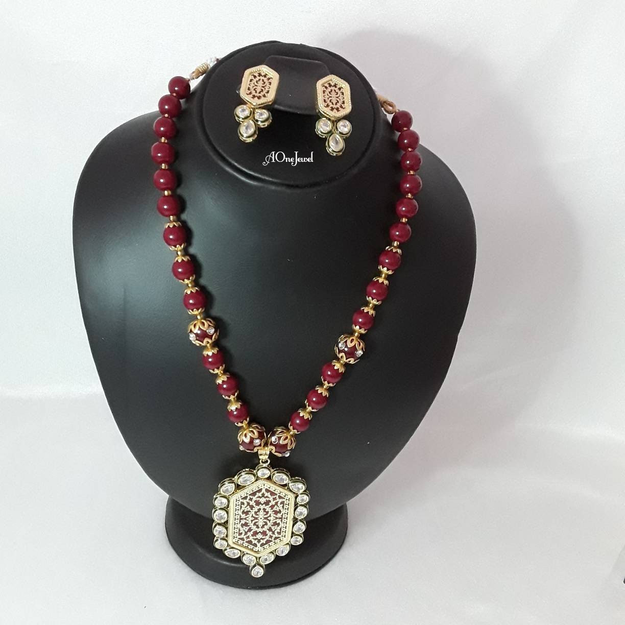 Indian Jaipuri Maroon Thewa Pearl Kundan Necklace Earrings - Etsy UK