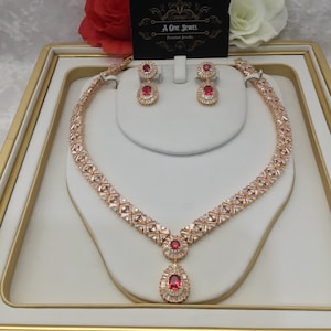 Indian Bridal CZ Diamond Ruby Pink 2PCS Necklace Set, Necklace Earrings Jewelry Set, Gold Wedding Necklace Set, Bridal Jewelry Set,