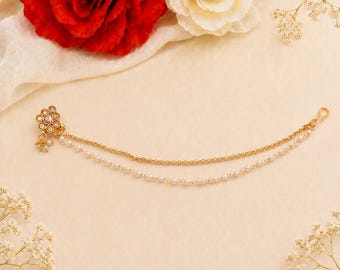 Indian Nose Ring, Gold Pearl Nath, Non Piercing Clip-on Wedding Jewelry