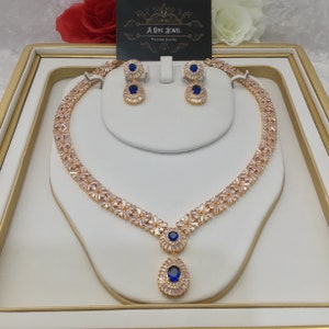 Indian Bridal CZ Diamond Sapphire 2PCS Necklace Set, Necklace Earrings Jewelry Set, Gold Wedding Necklace Set, Bridal Jewelry Set