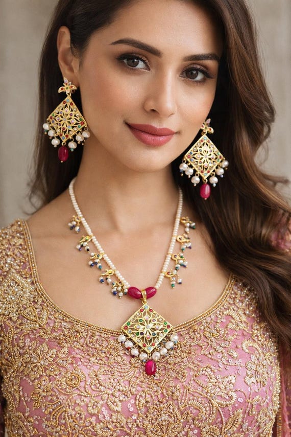Gold Plated Nauratan Polki Jewelry Set, Traditional Mala Haar Necklace, Statement Earrings