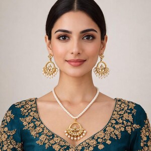 Conjunto de joyas Jadau de Hyderabadi: collar de perlas y pendientes Chandbali imagen 6