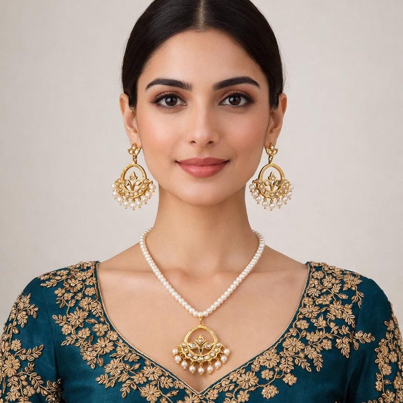 Conjunto de joyas Jadau de Hyderabadi: collar de perlas y pendientes Chandbali imagen 6