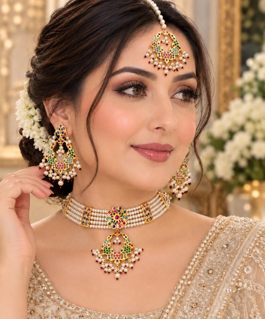 Gold Plated Nauratan Pearl Choker Necklace Set, Bridal Jewelry