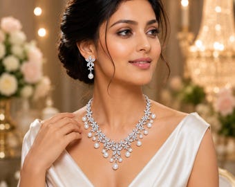 Pearl & Crystal Bridal Jewelry Set, Wedding Necklace and Earrings, Dainty Flower Jewelry