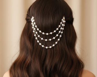 Chaine pour cheveux en perles plaquées or, bijoux tressés pour la mariée
