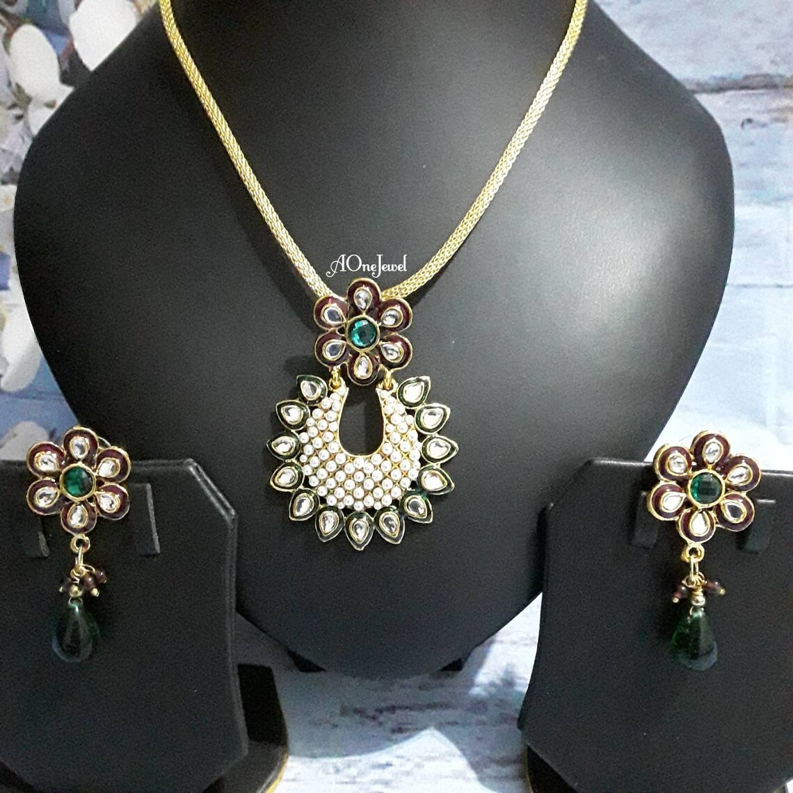 Indian Gold Plated Pendant Earrings Chain Set Kundan Pearl - Etsy