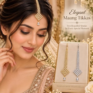 May include: A gold-toned maang tikka with clear stones worn on the forehead, alongside a display box containing one gold-toned and one silver-toned maang tikka, each featuring a geometric design and a teardrop-shaped pendant. Text reads Elegant Maang Tikkas.