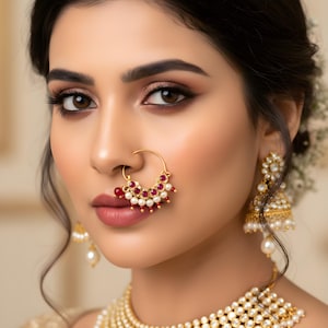 Indian Nose Ring, Gold Plated Nose Hoop with Pearls and Ruby