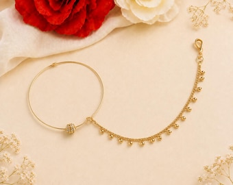 Indian Bollywood Style Gold Pearl Nath, Traditional Nose Ring, Pierce Nose Ring, Nose Ring Chain, Nathni Jewelry, Wedding Jewelry,Nose Hoops