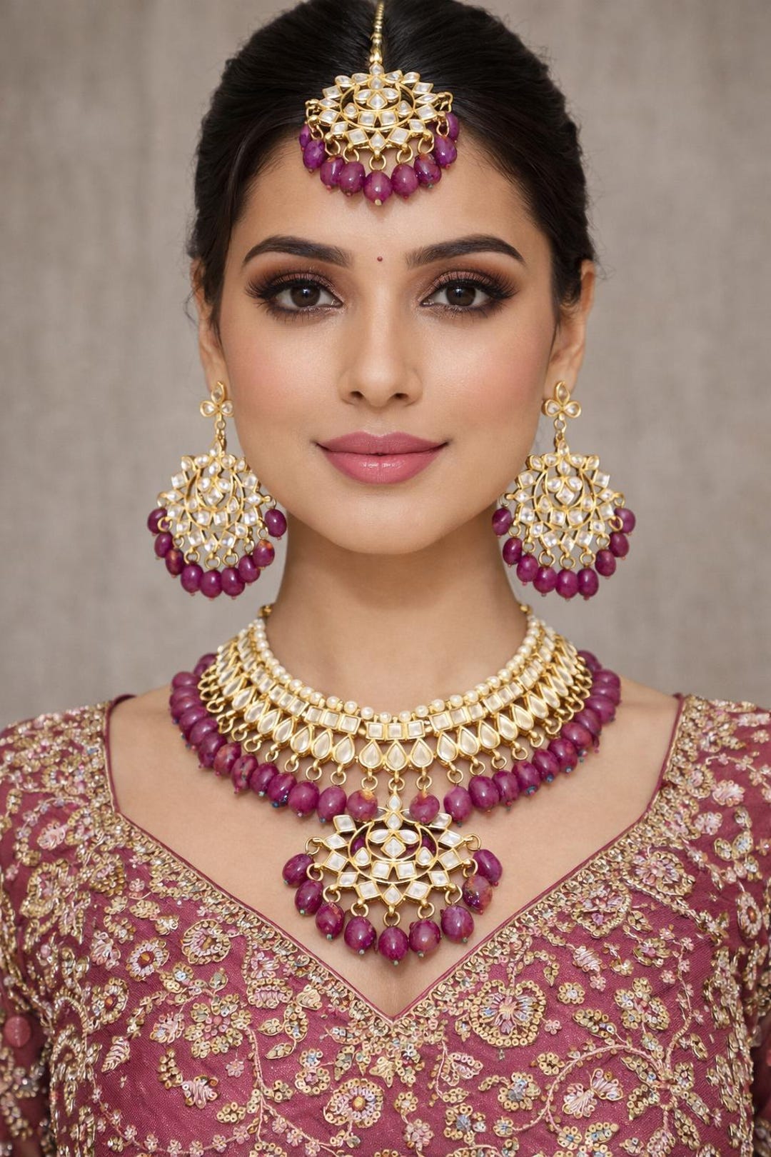 Kundan Plum Pearl Indian Necklace Earrings Set, Gold Plated