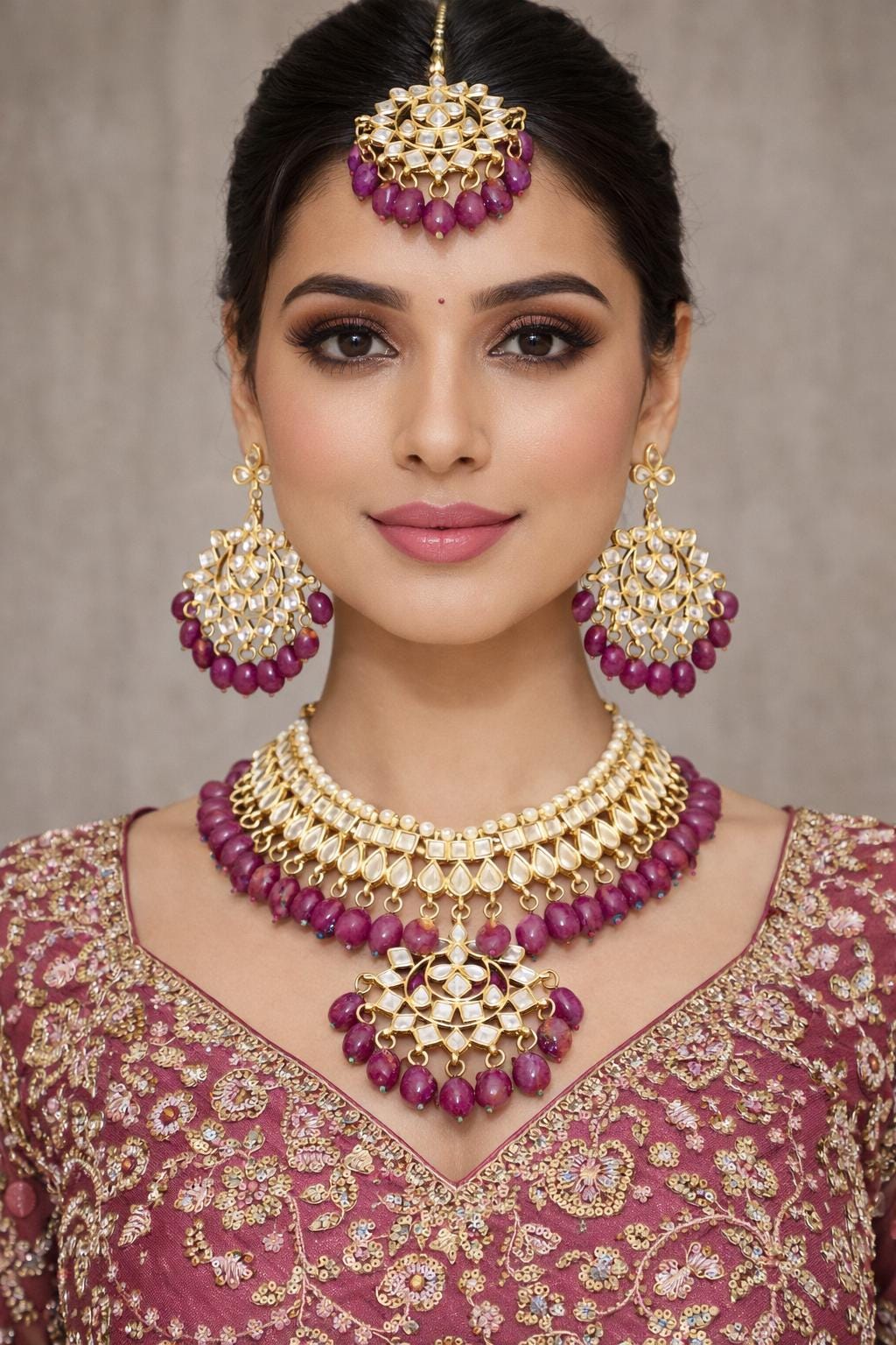 Kundan Plum Pearl Indian Necklace Earrings Set, Gold Plated