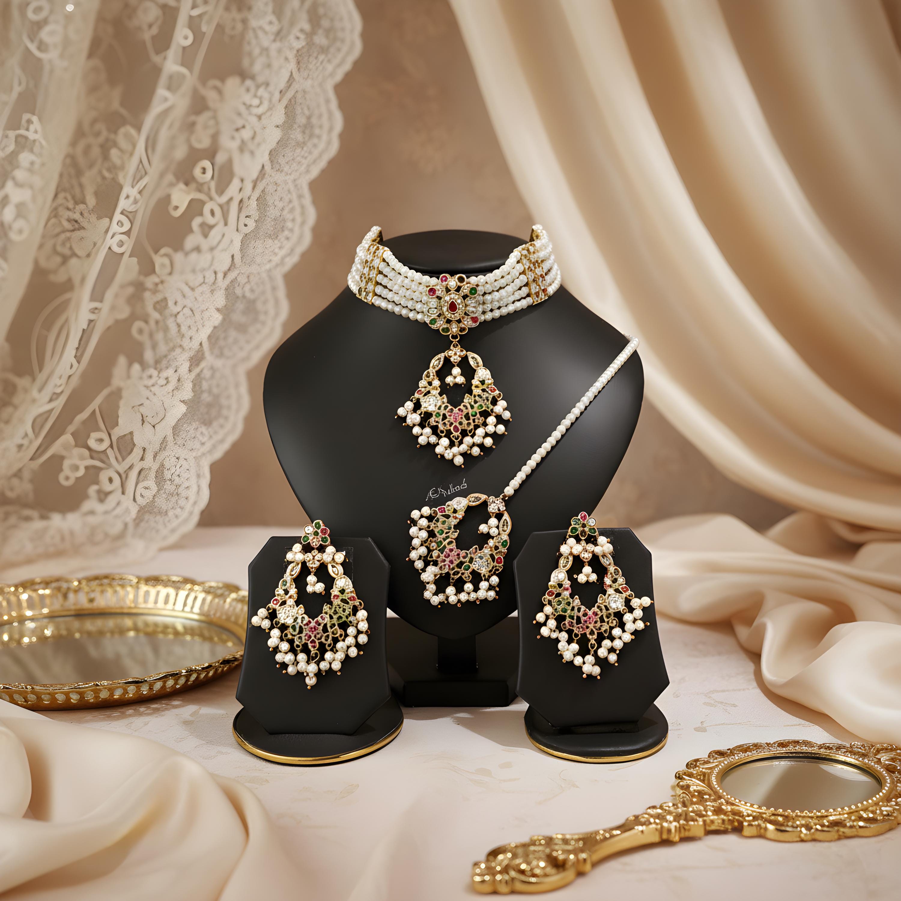 Kundan Pearl Indian Jewelry Set - Bridal Necklace Earrings Tikka