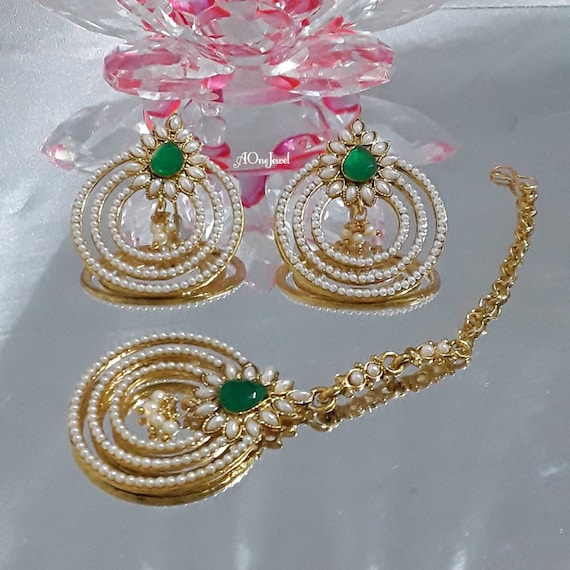 Indian Designer Gold Plated Kundan Pearl Earrings Tikka Set