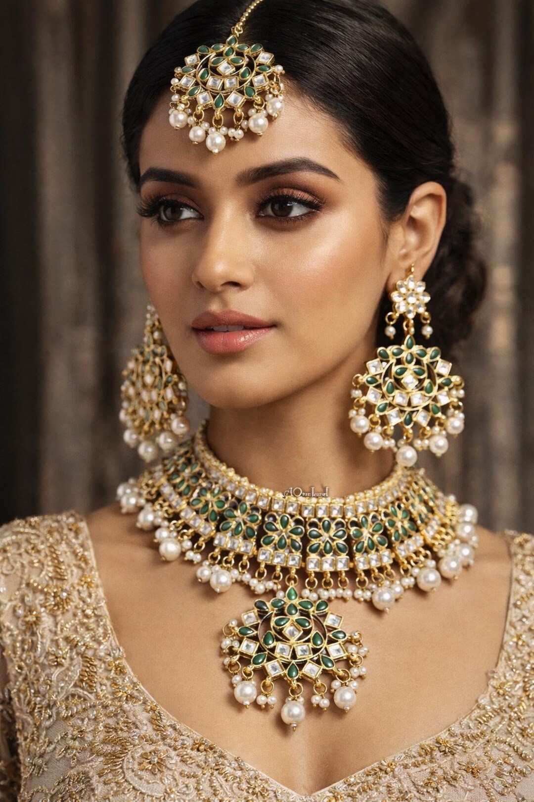 Kundan Pearl Gold Plated Indian Jewelry Set, Ethnic Wedding