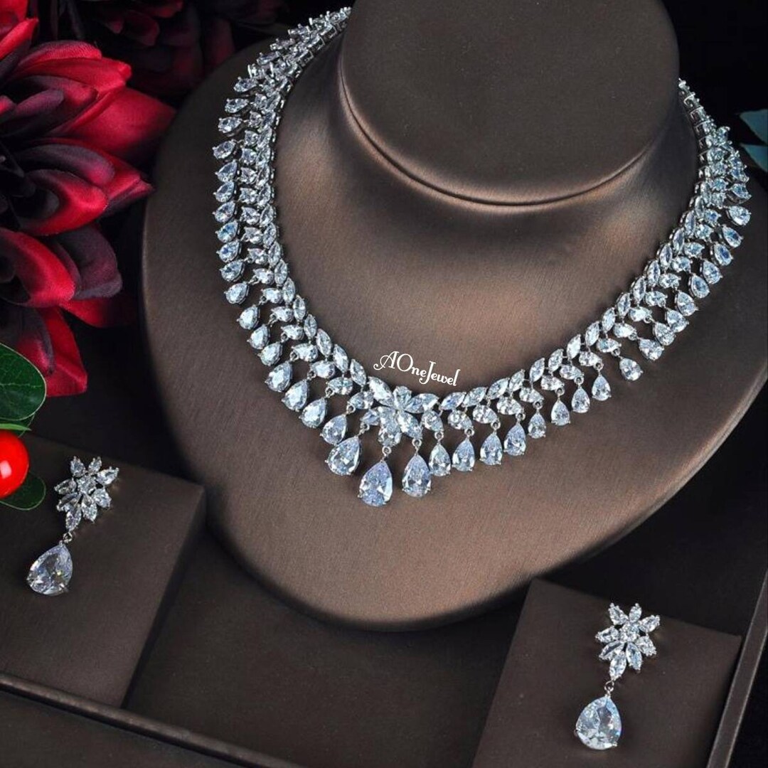 Indian Bridal Cubic Zirconia Statement Necklace Jewellery Set - Etsy UK