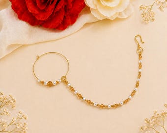 Indian Pearl Nath, Gold Plated Nose Ring, Bridal Jewelry