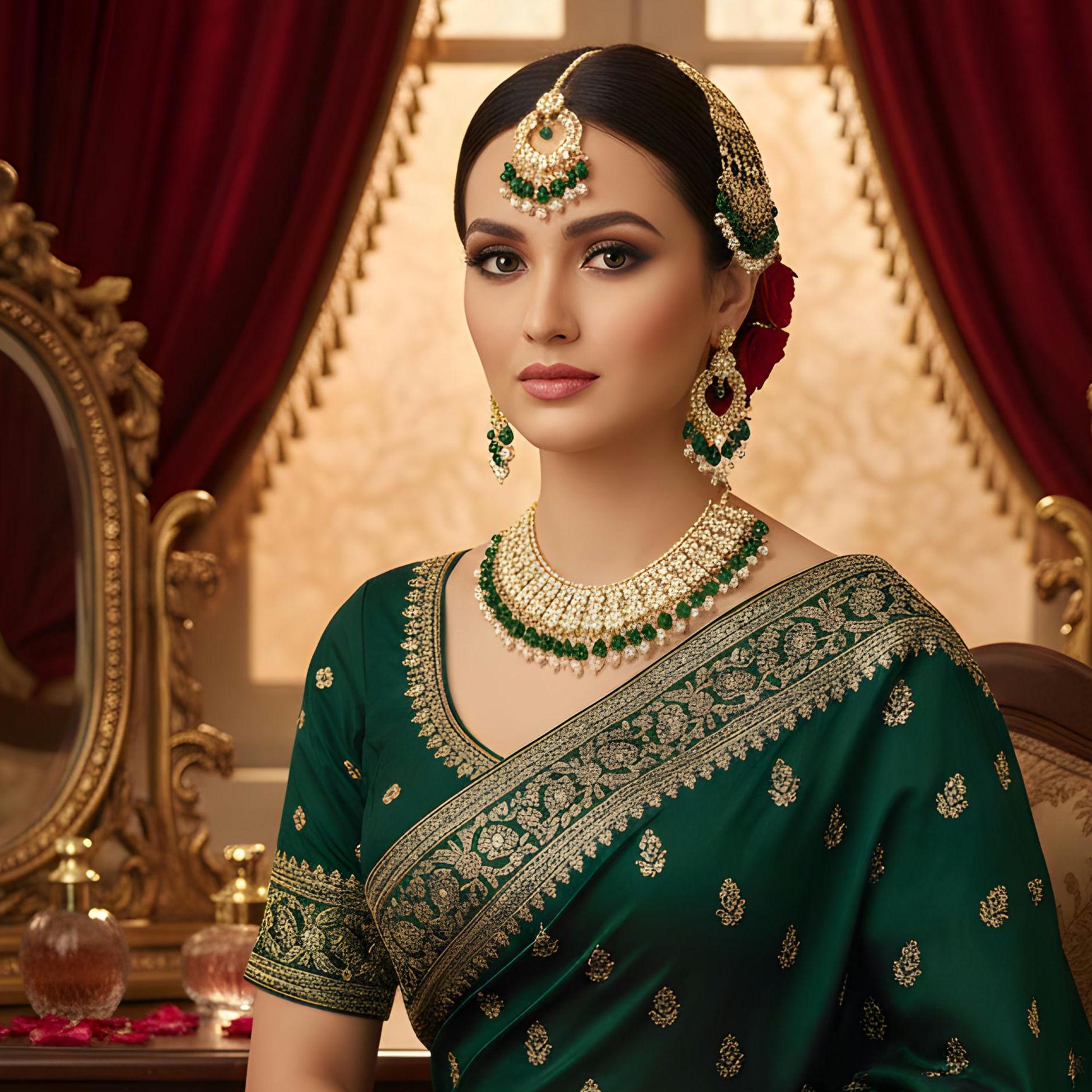 Kundan Pearl Indian Bridal Jewelry Set, Green Pearls, Gold Plated