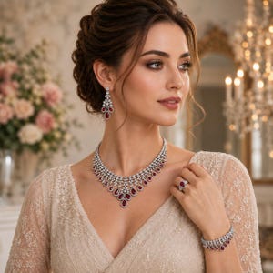 Peut inclure: Une parure de bijoux composée d'un collier, de boucles d'oreilles pendantes, d'une bague et d'un bracelet, réalisés en métal argenté, avec des pierres rondes transparentes et des pierres rouges en forme de poire en motif goutte.
