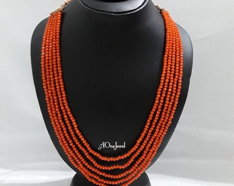 Indian Coral Red Rani Haar Necklace, Groom Necklace, Bridal Wedding Multi Layer Necklace, Semi-Precious Stones Necklace, Beaded Necklace