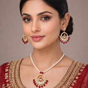 Conjunto de joyas Jadau de Hyderabadi: collar de perlas y pendientes Chandbali imagen 9