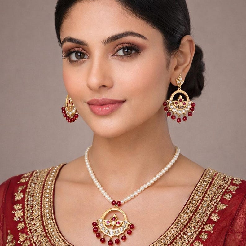 Conjunto de joyas Jadau de Hyderabadi: collar de perlas y pendientes Chandbali imagen 9