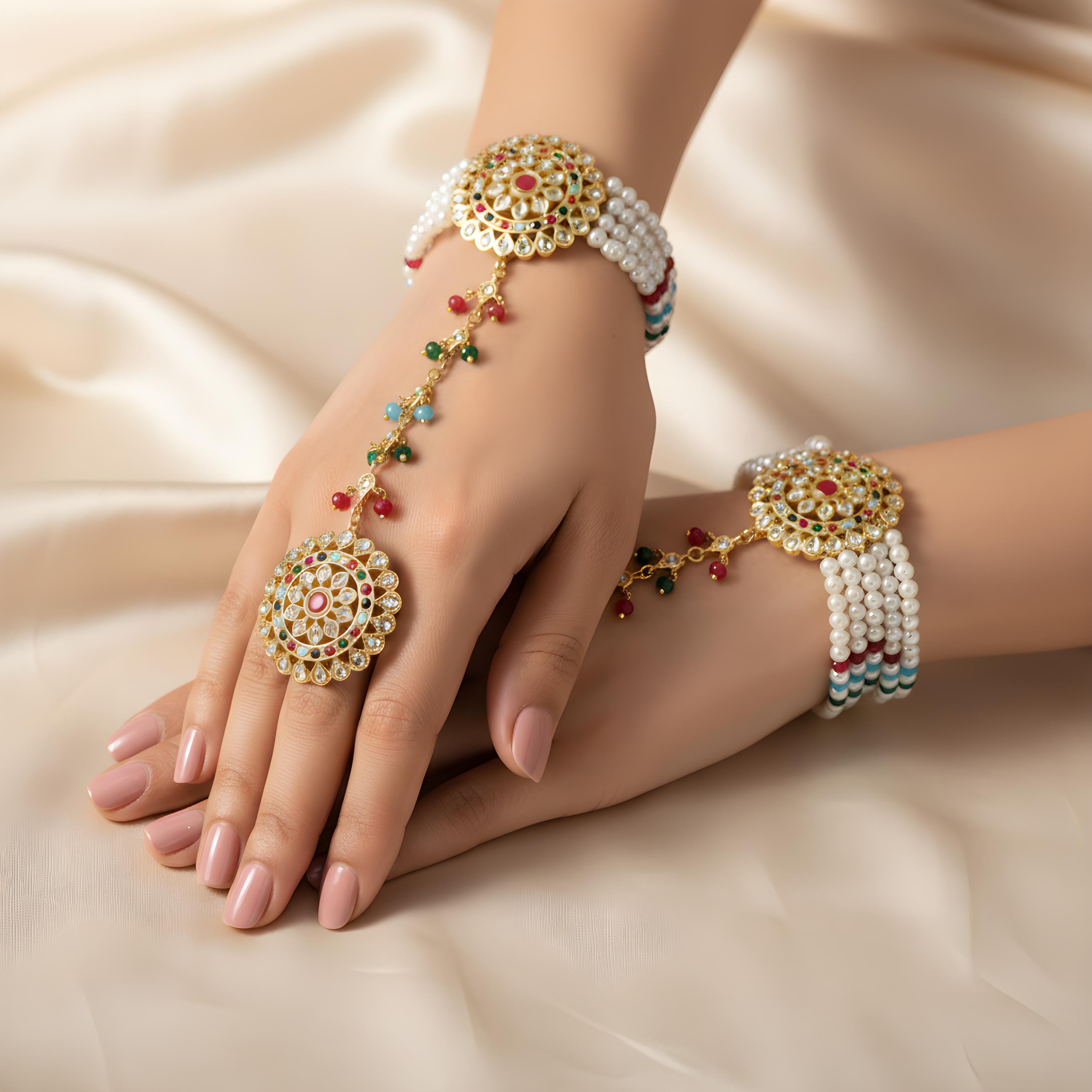 Kundan Pearl Hand Harness Bracelet, Indian Bridal Jewelry